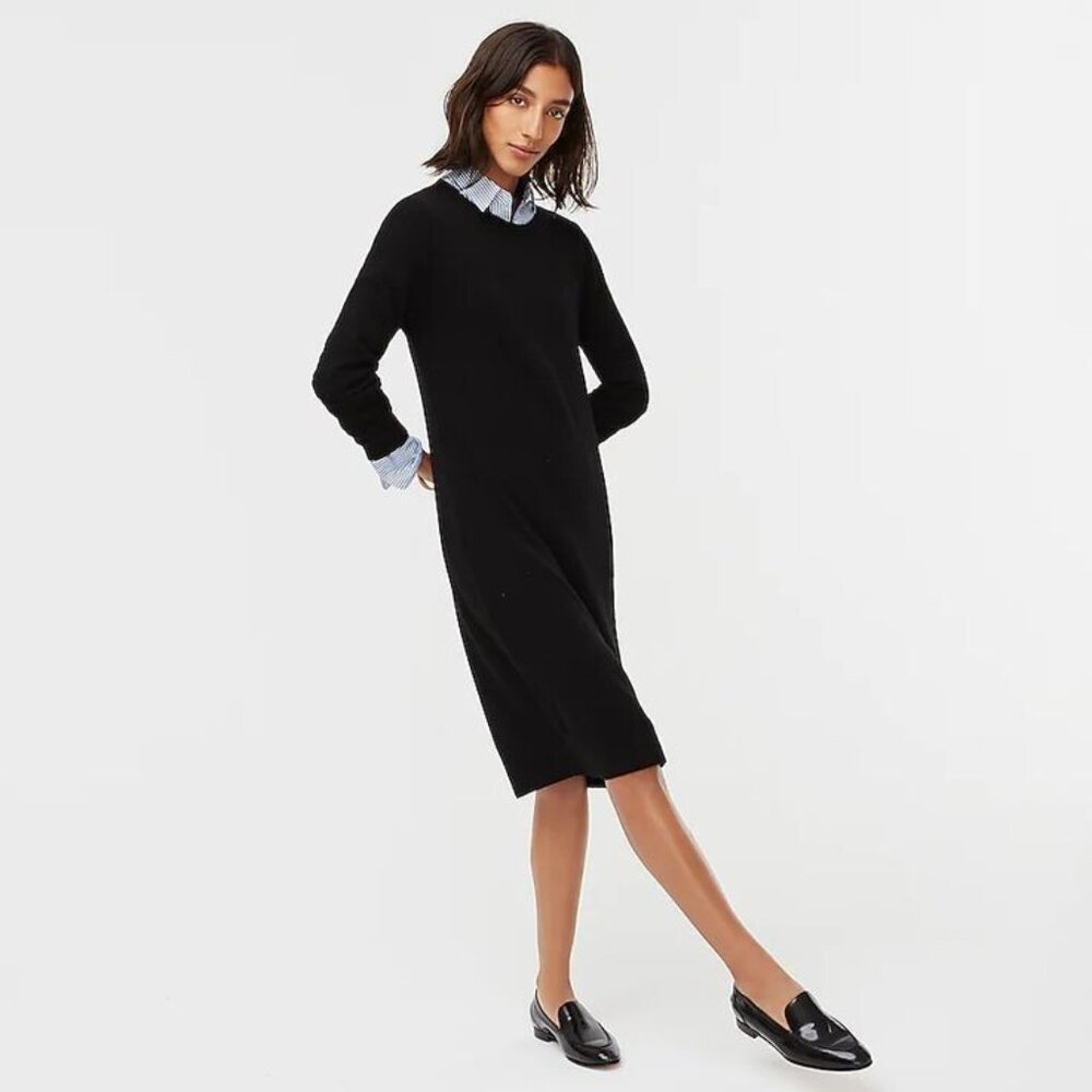 NWT J.Crew Long-sleeve Everyday Cashmere Crewneck Sweater Dress in Black XS - Picture 7 of 7